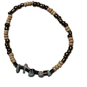 Boho Natural Stone Beaded Stretch Bracelet Gold Tone Accents Unisex Jewelry